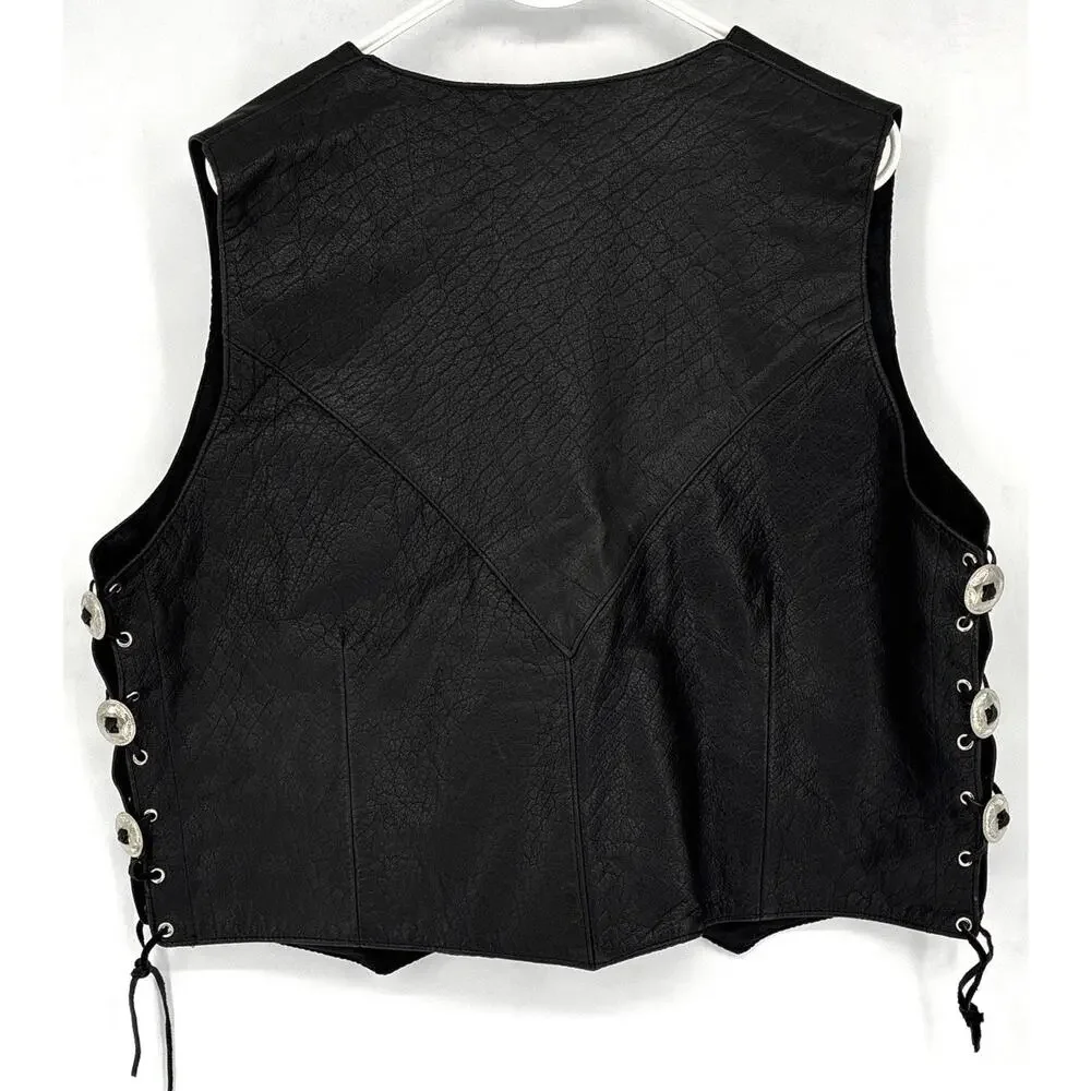 Vintage MOB Blk Leather Sz 2X Laces Silver Conchas Vest Pockets